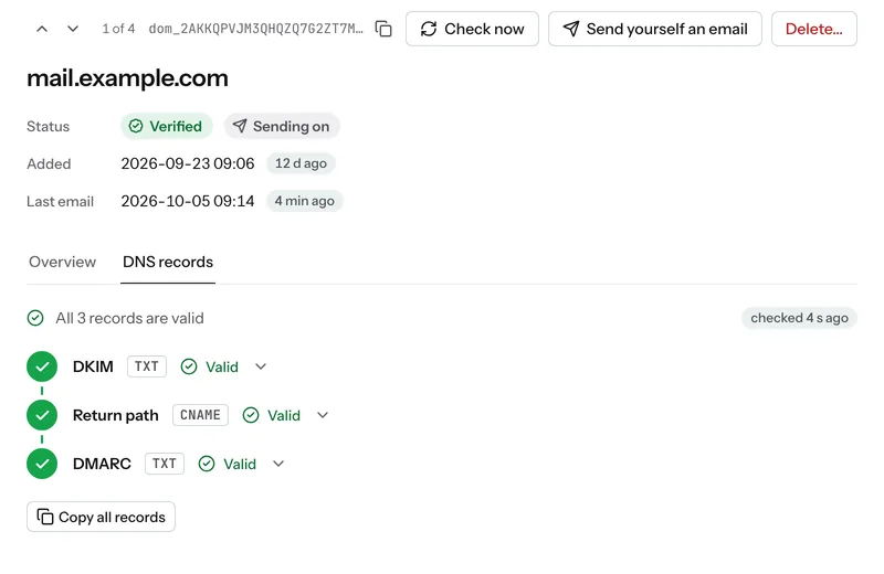 The verified domain mail.example.com in the dashboard, with its three valid DNS records, example data