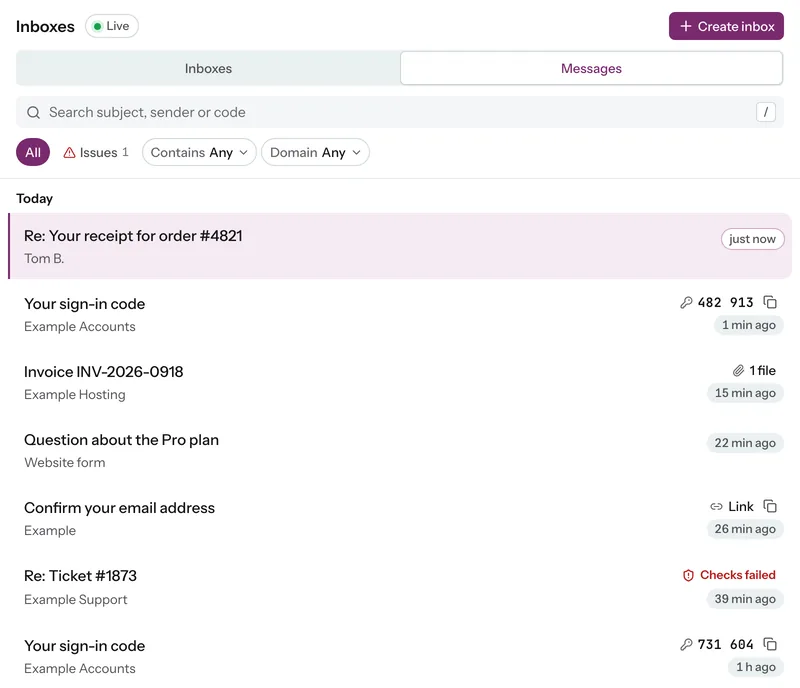Messages across inboxes in the dashboard: a customer reply, a sign-in code, an invoice with a PDF and a contact form, example data